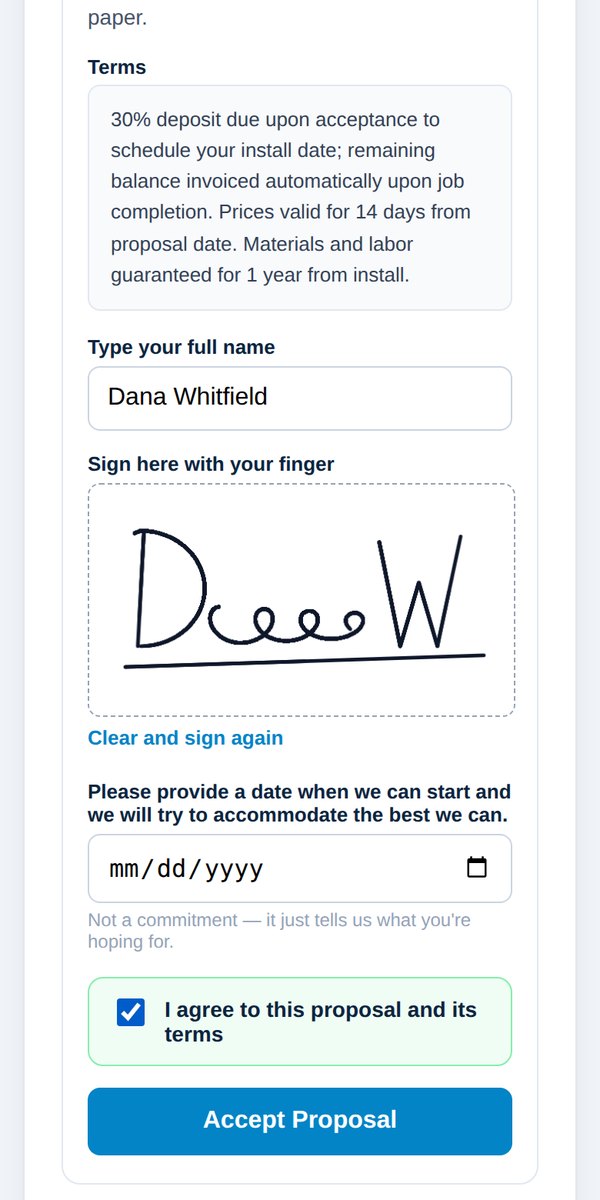 Customer signing the proposal with a finger