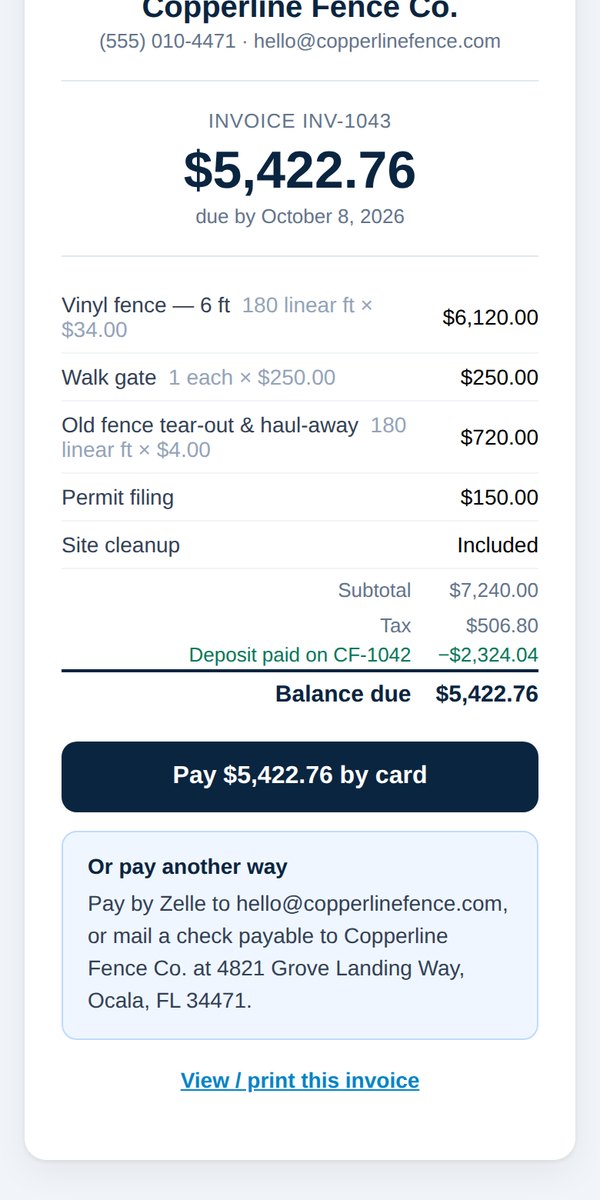 Final invoice with the deposit credited
