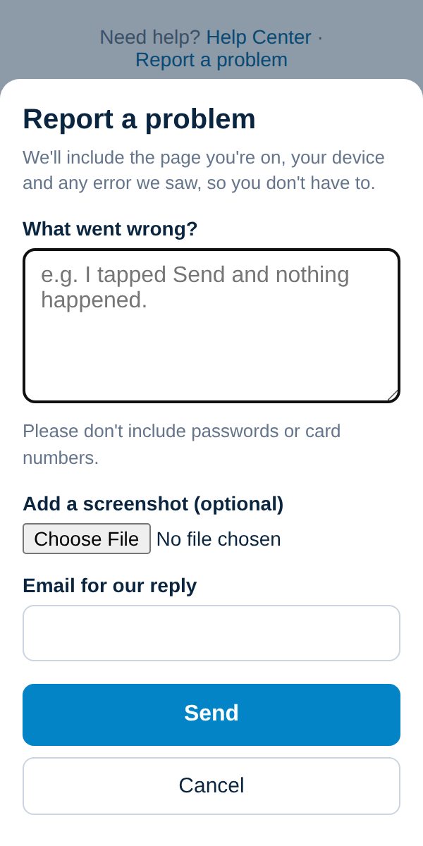The Report a Problem screen