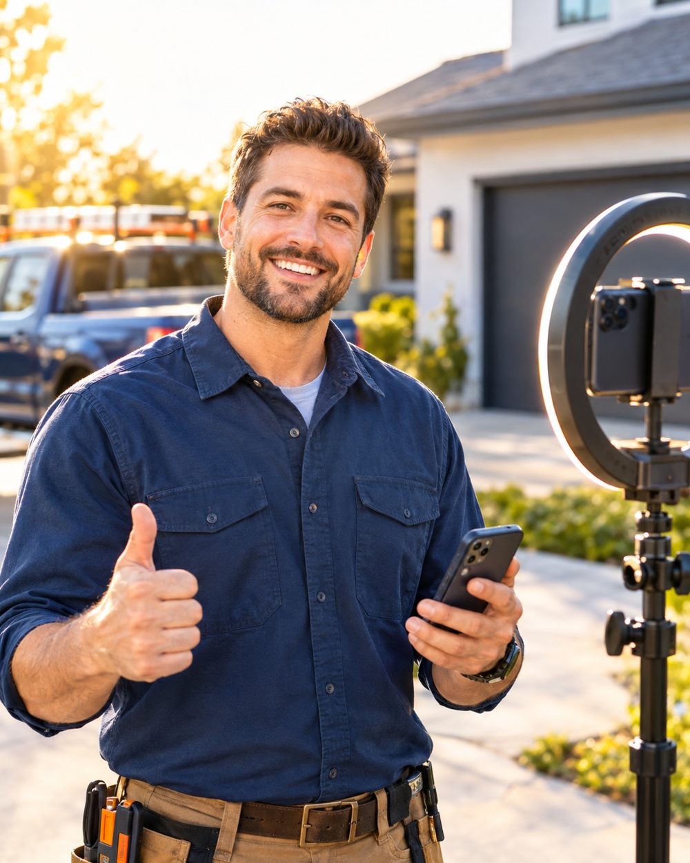 A smiling contractor filming a video in a driveway, giving a thumbs-up